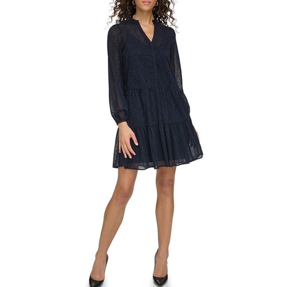 🌻NEW (w/tag) Tommy Hilfiger Long Sleeve V-Neck Tiered Skirt Chiffon Dress sz 2 - Picture 1 of 12